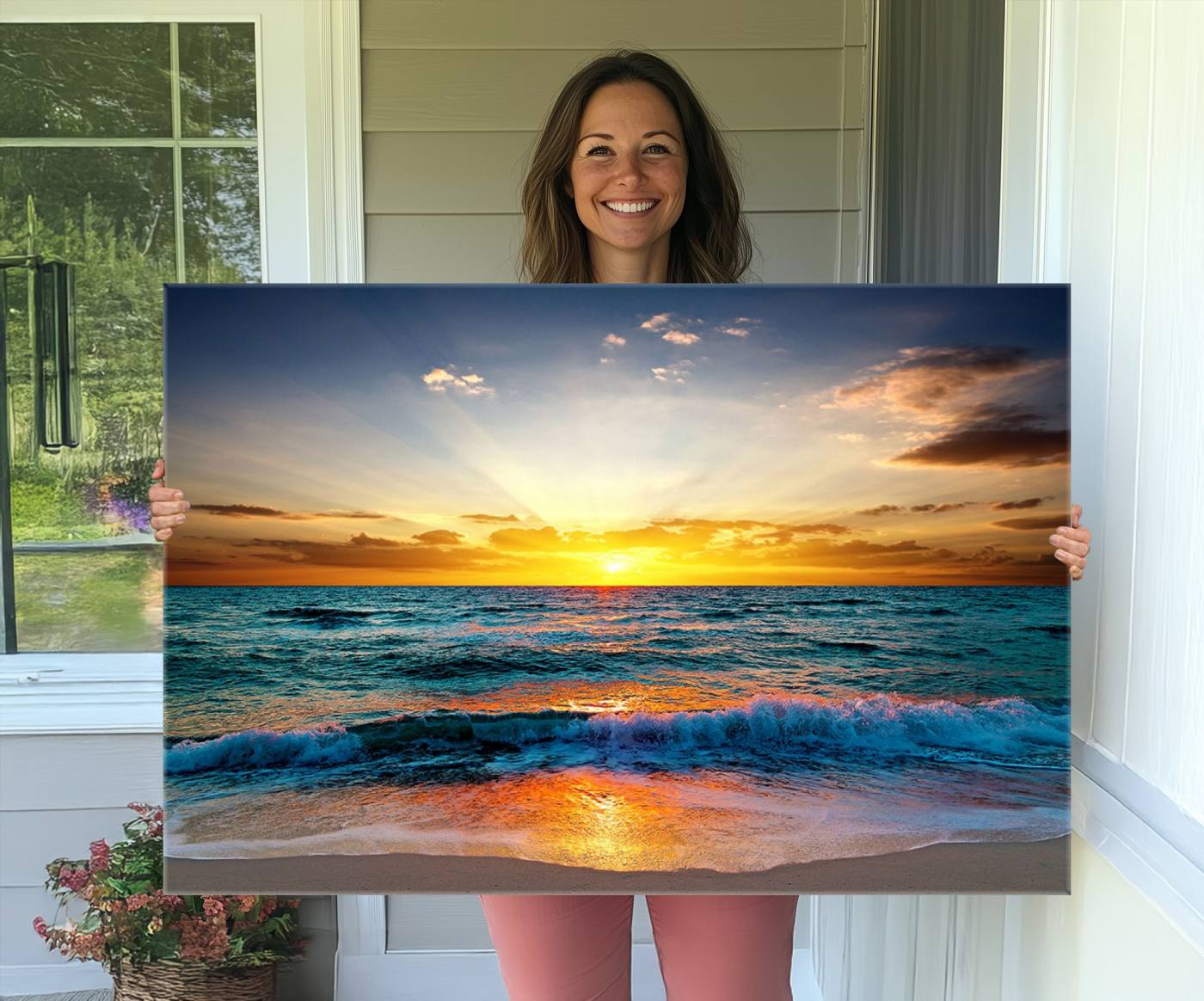 50627-MGV-CV-36X24-Vibrant Ocean Sunrise Over Golden Beach Waves, Giclee Canvas Wall Art Set, High-Quality Stretched Canvas Print, Ready to Hang Coastal Sunset