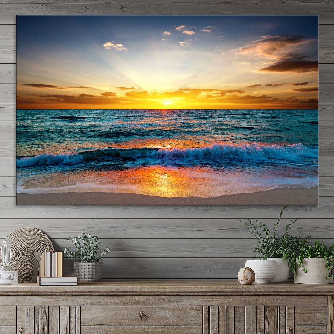 50627-MGV-CV-36X24-Vibrant Ocean Sunrise Over Golden Beach Waves, Giclee Canvas Wall Art Set, High-Quality Stretched Canvas Print, Ready to Hang Coastal Sunset