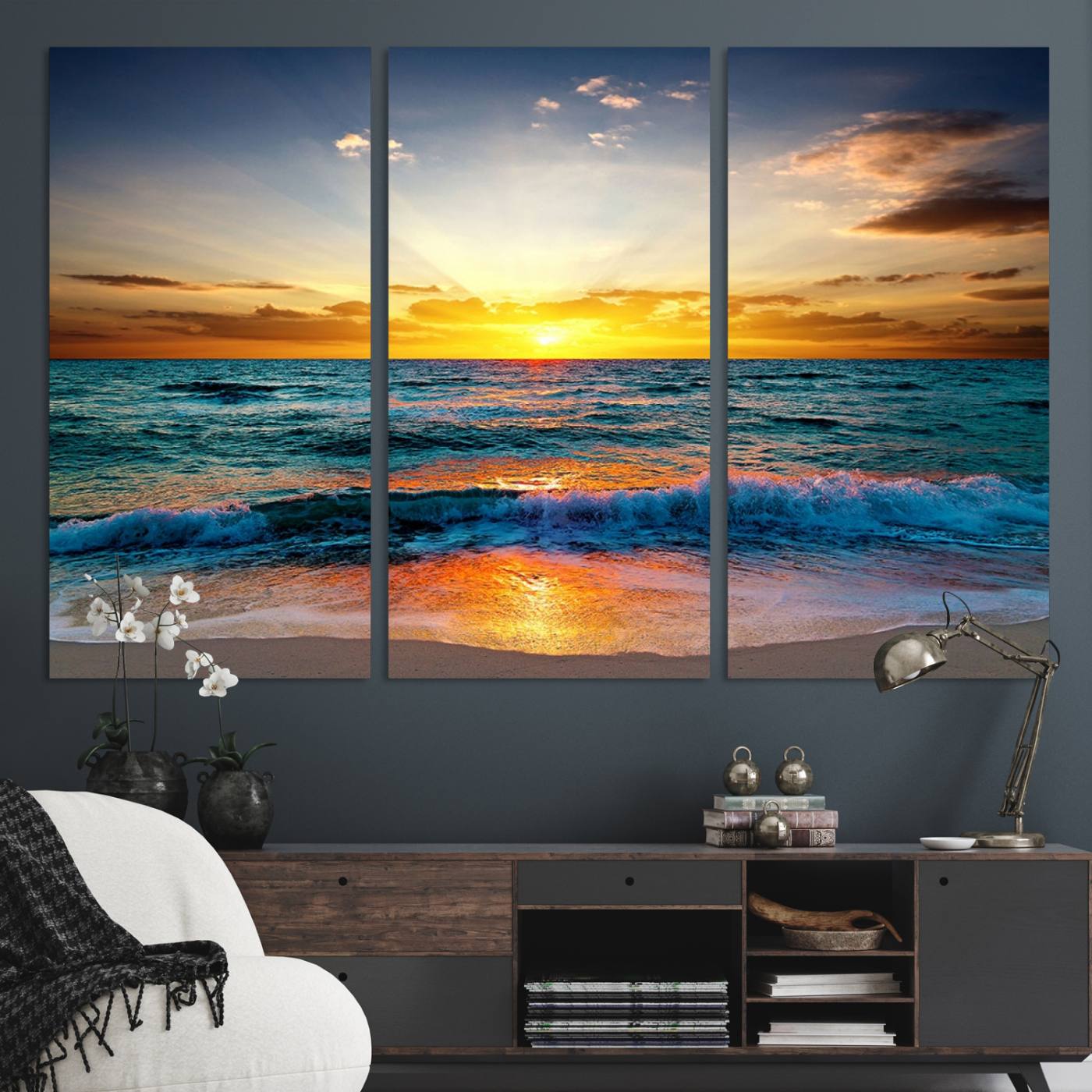 50627-MGV-CV-48X32-3P-Vibrant Ocean Sunrise Over Golden Beach Waves, Giclee Canvas Wall Art Set, High-Quality Stretched Canvas Print, Ready to Hang Coastal Sunset