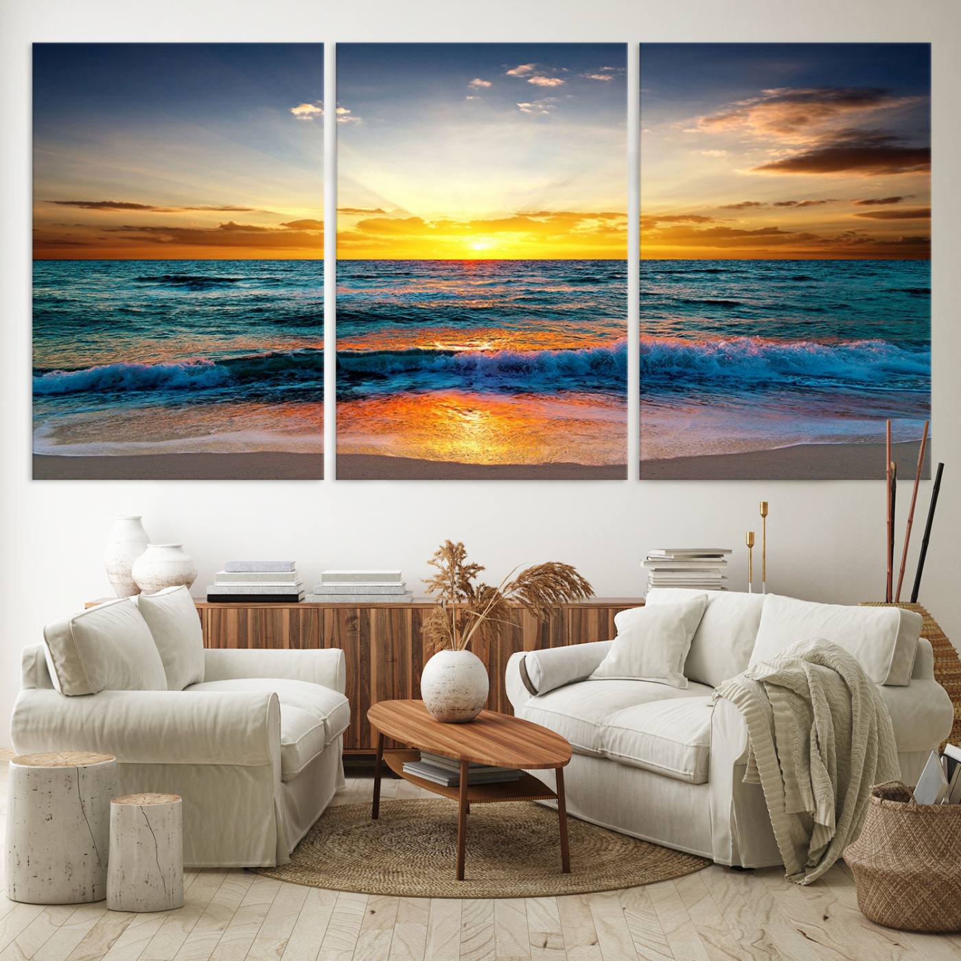 50627-MGV-CV-60X30-3P-Vibrant Ocean Sunrise Over Golden Beach Waves, Giclee Canvas Wall Art Set, High-Quality Stretched Canvas Print, Ready to Hang Coastal Sunset