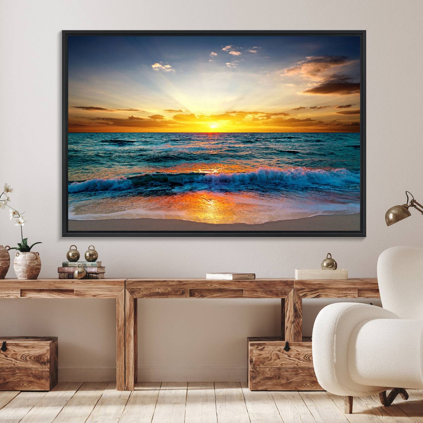 50627-MGV-FC-36X24_Black-Vibrant Ocean Sunrise Over Golden Beach Waves, Giclee Canvas Wall Art Set, High-Quality Stretched Canvas Print, Ready to Hang Coastal Sunset