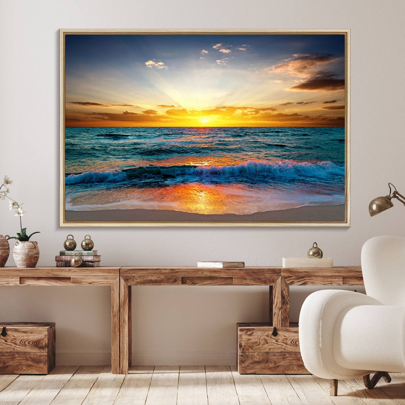 50627-MGV-FC-36X24_Natural-Vibrant Ocean Sunrise Over Golden Beach Waves, Giclee Canvas Wall Art Set, High-Quality Stretched Canvas Print, Ready to Hang Coastal Sunset