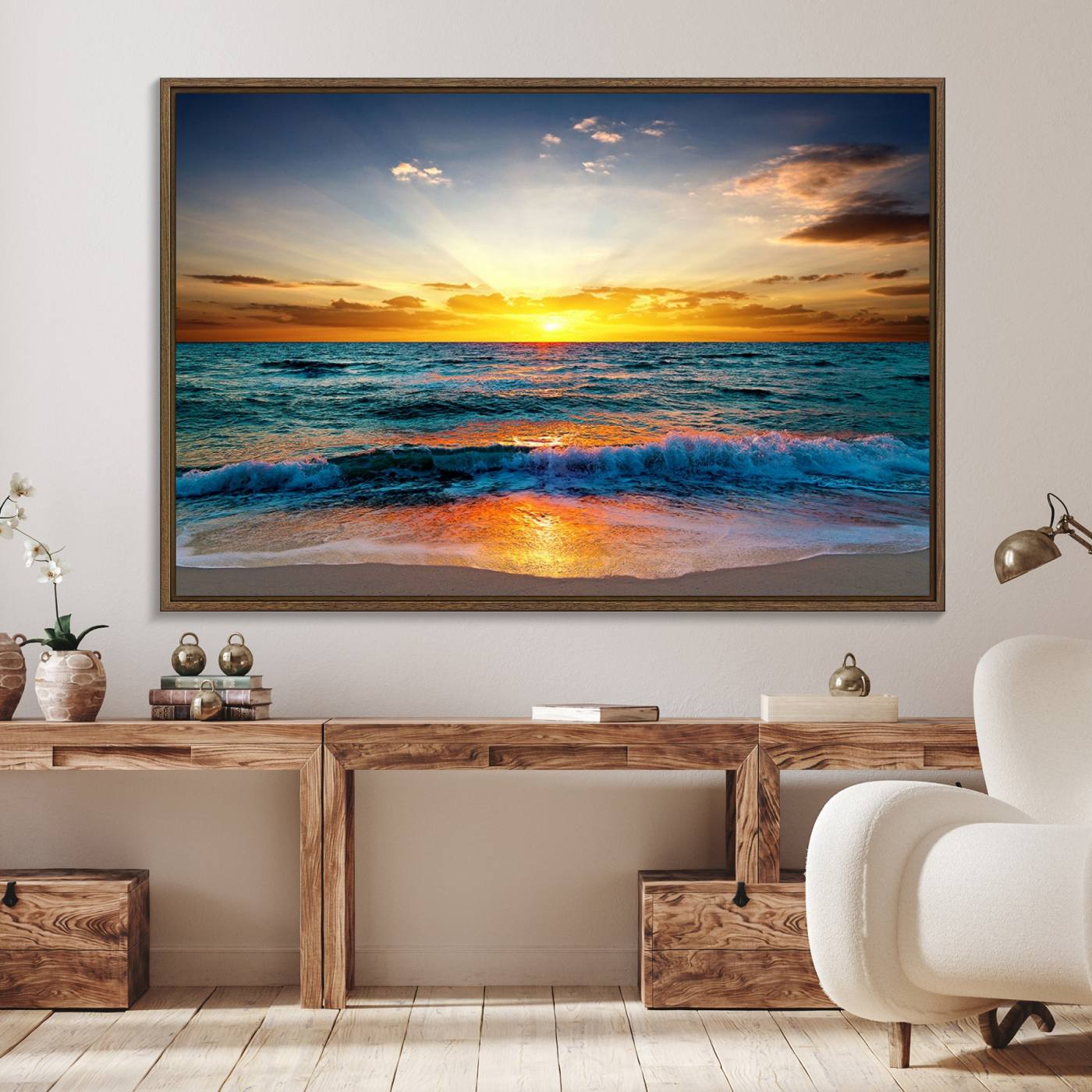 50627-MGV-FC-36X24_Walnut-Vibrant Ocean Sunrise Over Golden Beach Waves, Giclee Canvas Wall Art Set, High-Quality Stretched Canvas Print, Ready to Hang Coastal Sunset
