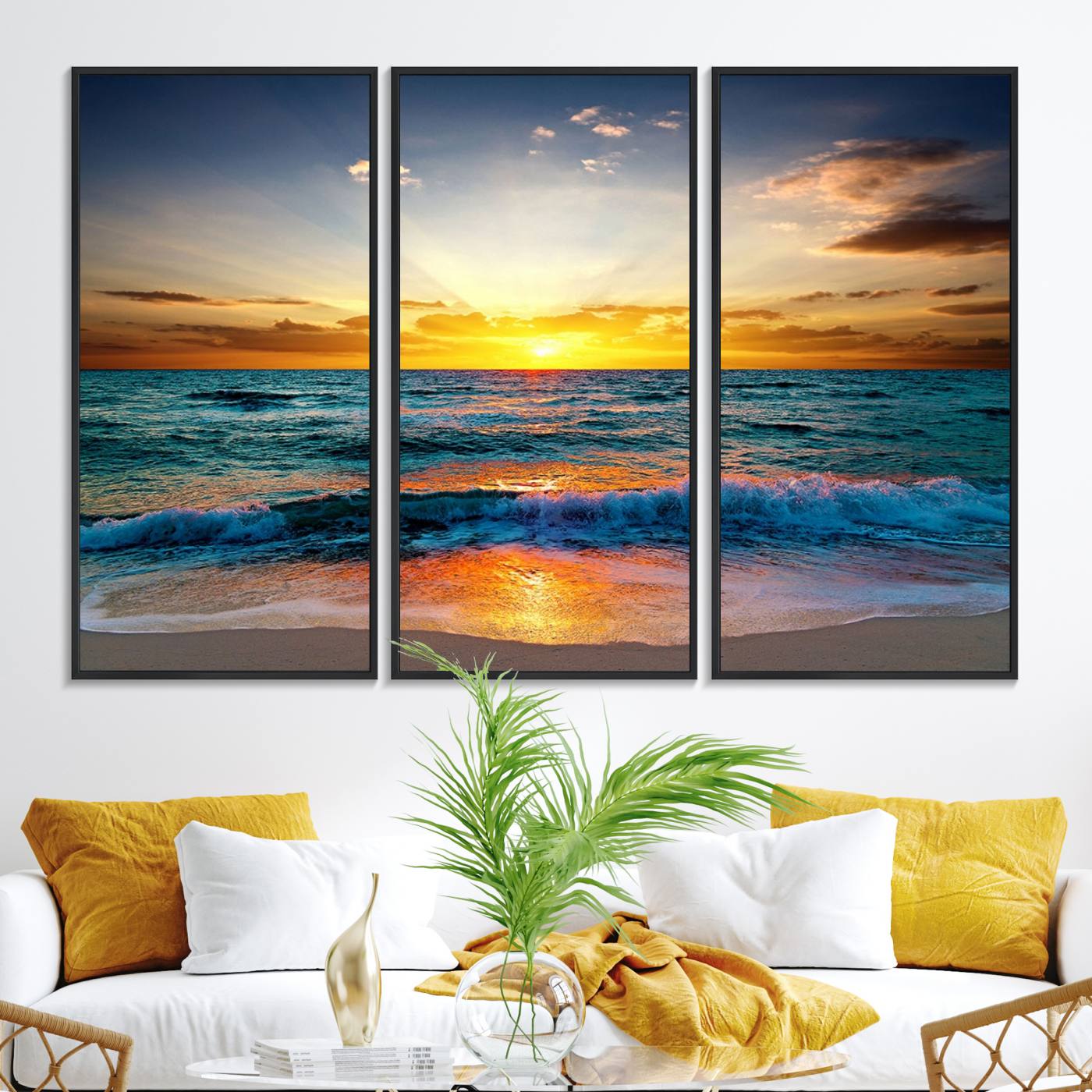 50627-MGV-FC-48X32-3P_Black-Vibrant Ocean Sunrise Over Golden Beach Waves, Giclee Canvas Wall Art Set, High-Quality Stretched Canvas Print, Ready to Hang Coastal Sunset