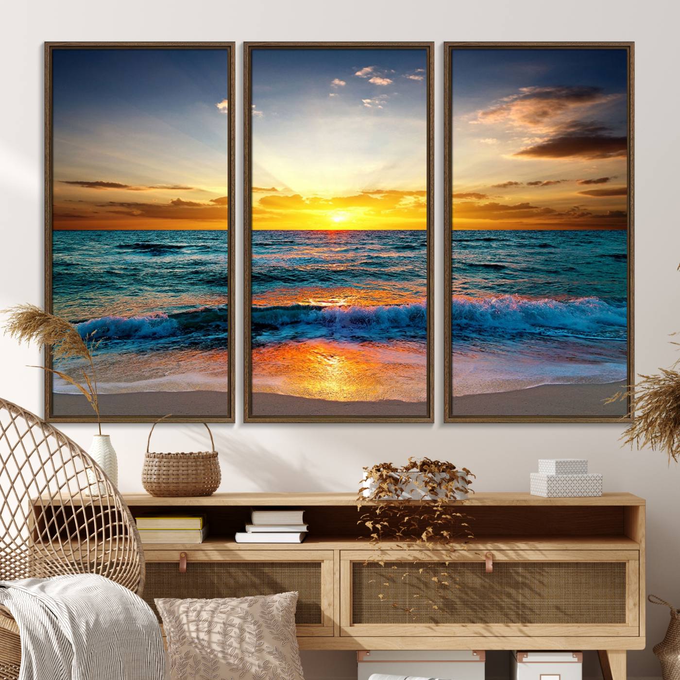 50627-MGV-FC-48X32-3P_Walnut-Vibrant Ocean Sunrise Over Golden Beach Waves, Giclee Canvas Wall Art Set, High-Quality Stretched Canvas Print, Ready to Hang Coastal Sunset