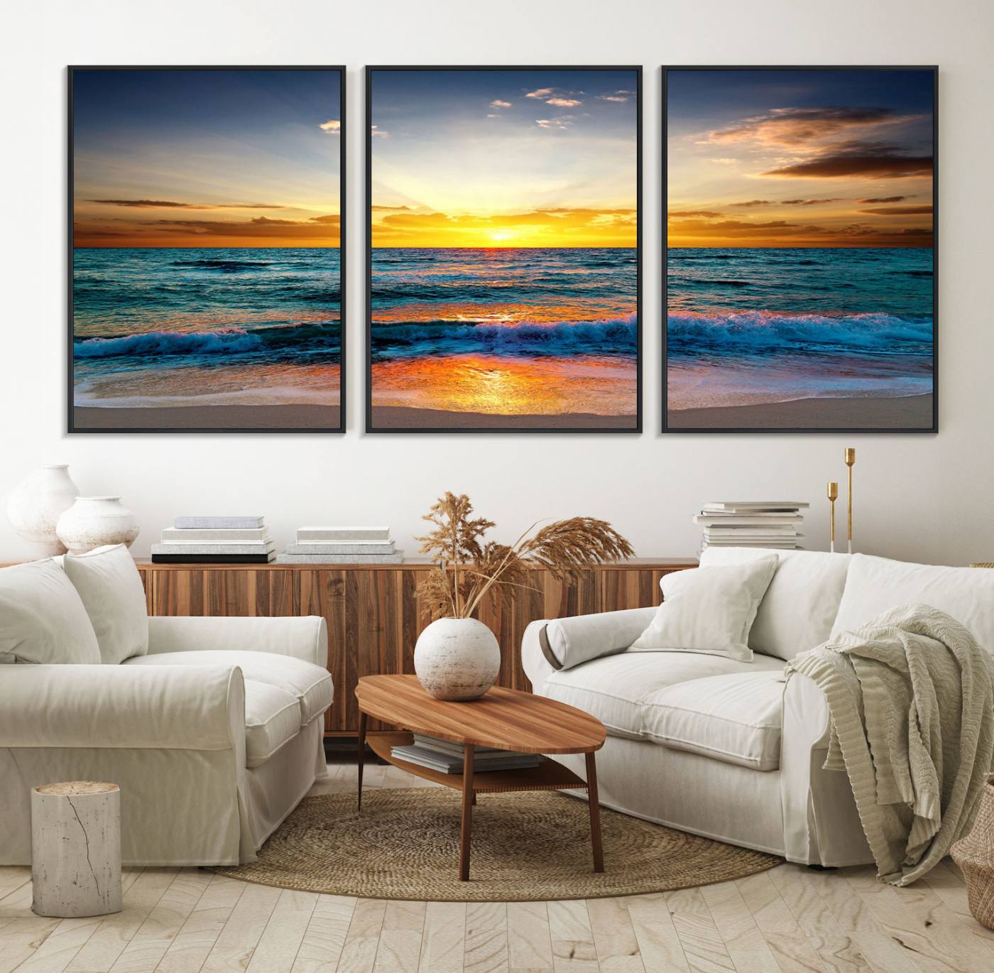 50627-MGV-FC-60X30-3P_Black-Vibrant Ocean Sunrise Over Golden Beach Waves, Giclee Canvas Wall Art Set, High-Quality Stretched Canvas Print, Ready to Hang Coastal Sunset