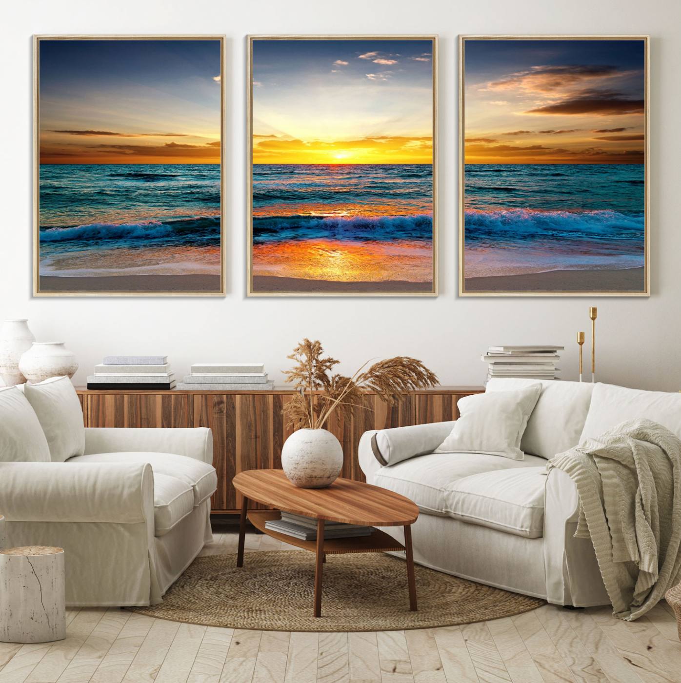 50627-MGV-FC-60X30-3P_Natural-Vibrant Ocean Sunrise Over Golden Beach Waves, Giclee Canvas Wall Art Set, High-Quality Stretched Canvas Print, Ready to Hang Coastal Sunset