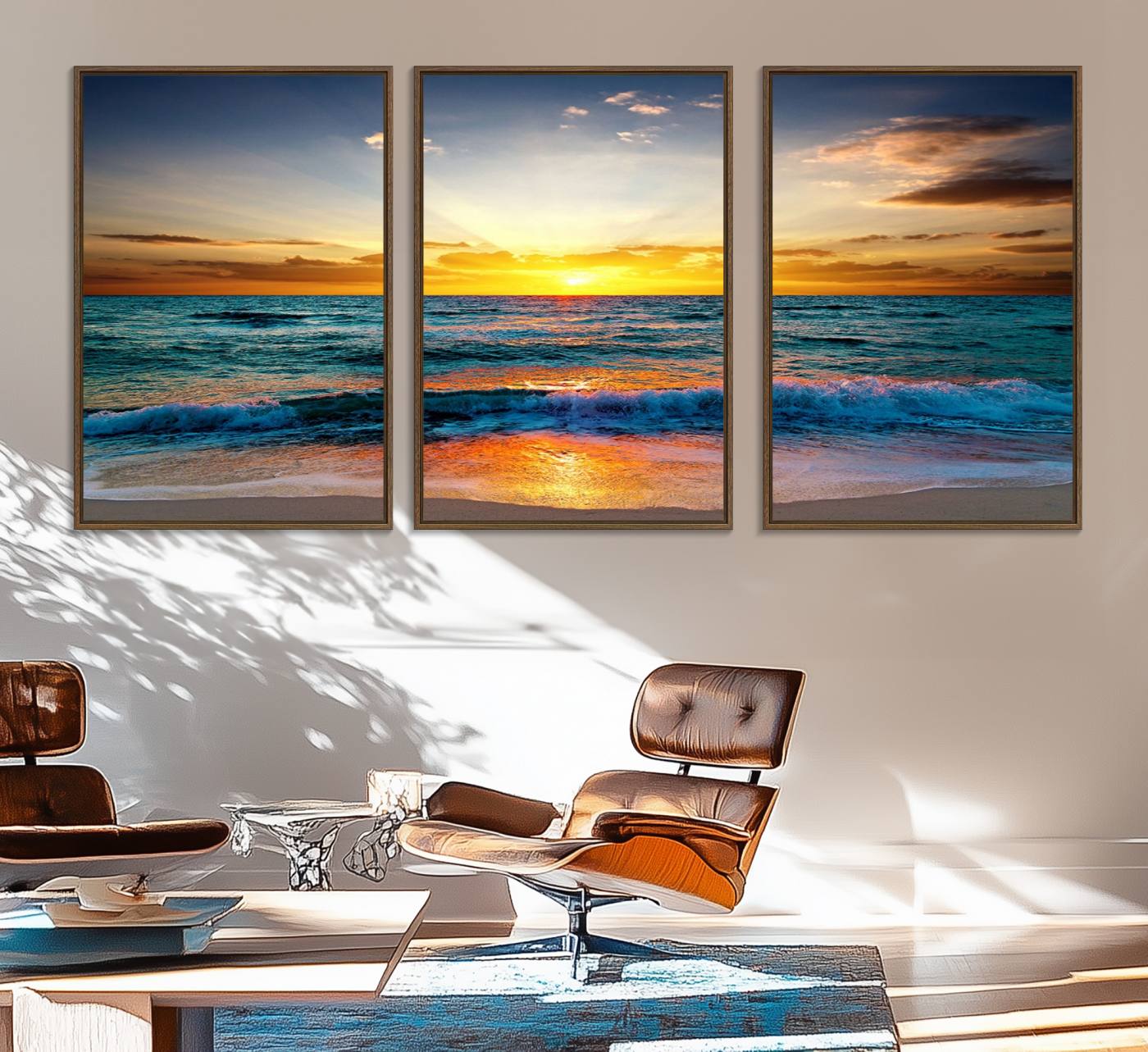 50627-MGV-FC-60X30-3P_Walnut-Vibrant Ocean Sunrise Over Golden Beach Waves, Giclee Canvas Wall Art Set, High-Quality Stretched Canvas Print, Ready to Hang Coastal Sunset