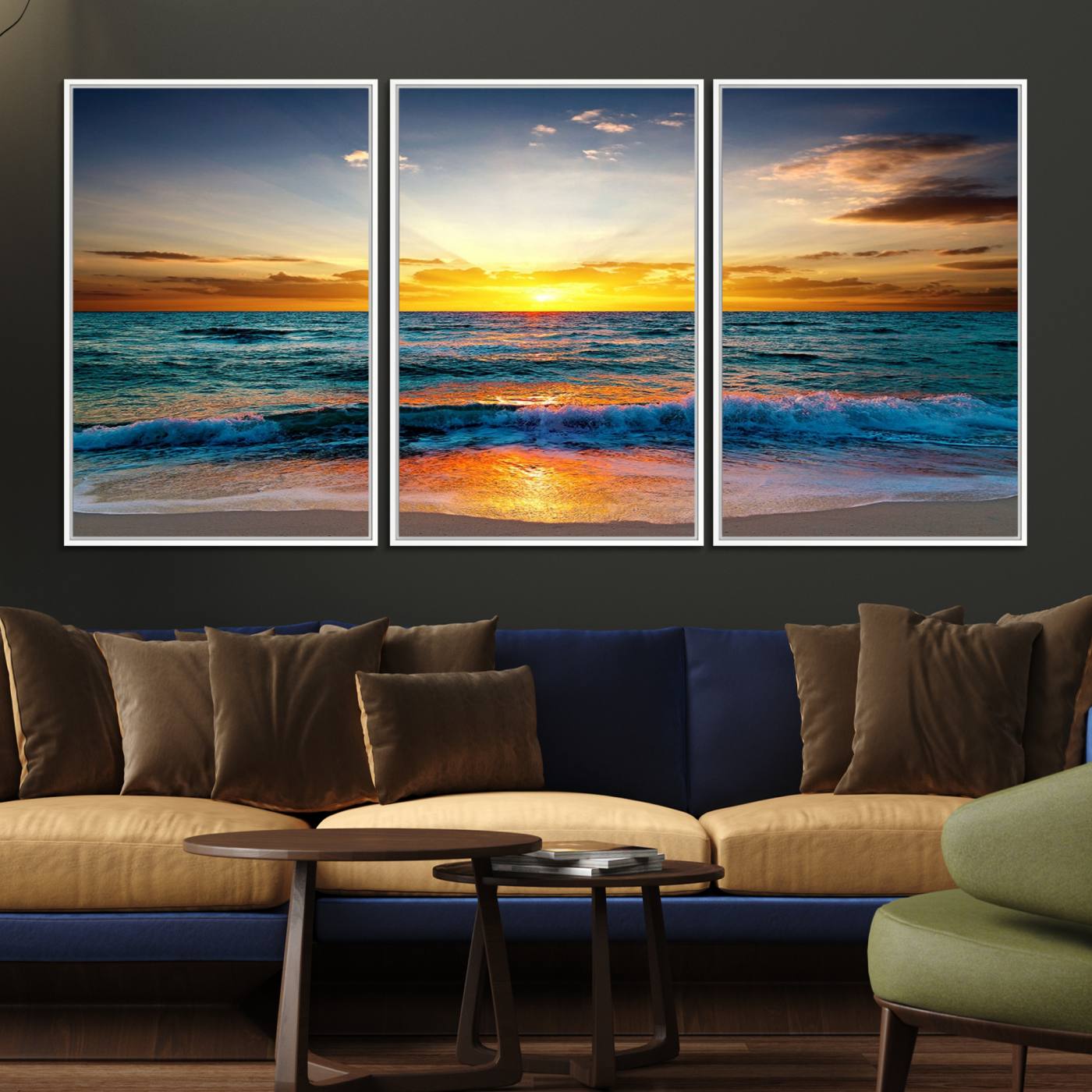 50627-MGV-FC-60X30-3P_White-Vibrant Ocean Sunrise Over Golden Beach Waves, Giclee Canvas Wall Art Set, High-Quality Stretched Canvas Print, Ready to Hang Coastal Sunset
