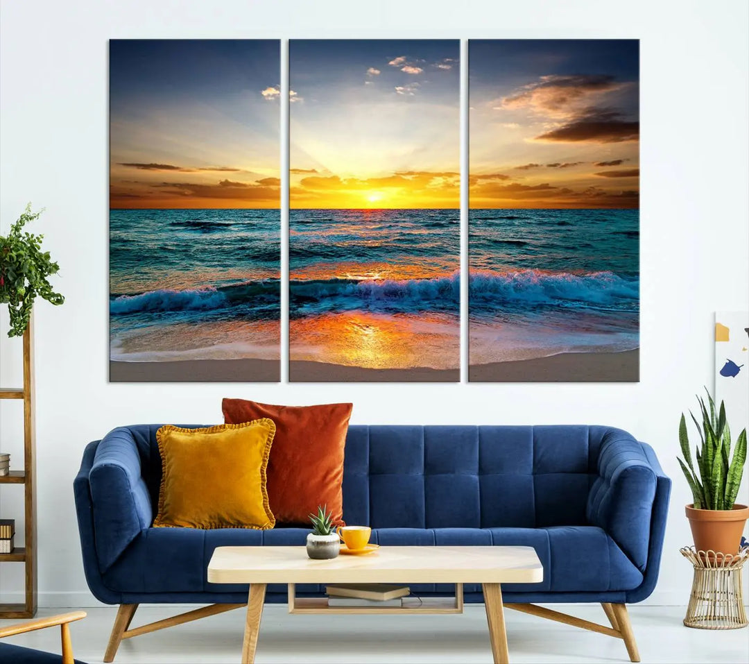 The "Vibrant Ocean Sunrise Over Golden Beach Waves" giclee canvas wall art set showcases a striking coastal sunset on a high-quality stretched canvas that's ready to hang.