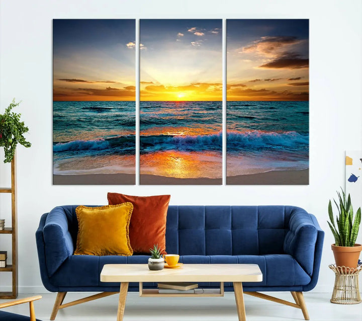 The "Vibrant Ocean Sunrise Over Golden Beach Waves" giclee canvas wall art set showcases a striking coastal sunset on a high-quality stretched canvas that's ready to hang.