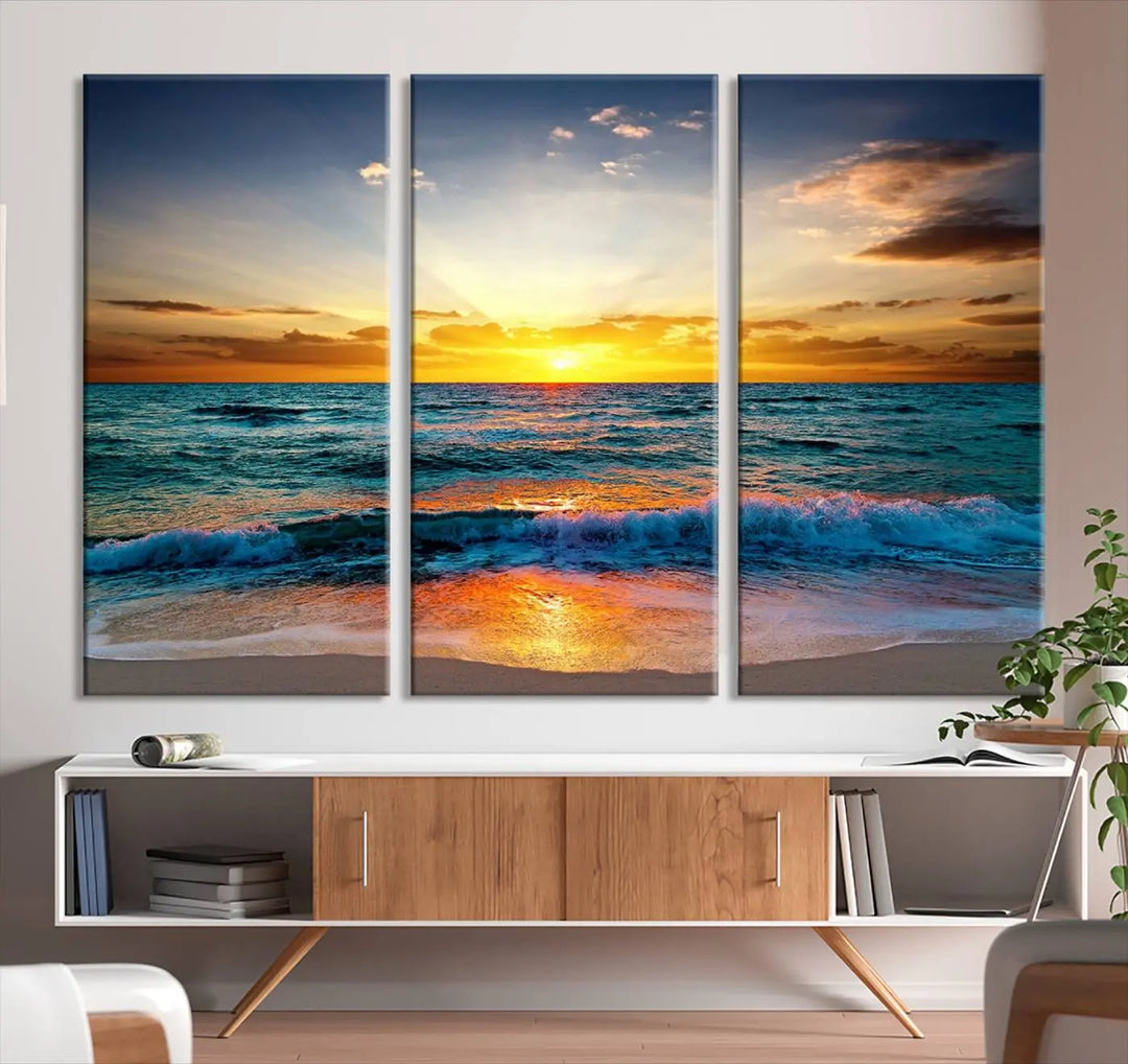 The "Vibrant Ocean Sunrise Over Golden Beach Waves" giclee canvas wall art set showcases a striking coastal sunset on a high-quality stretched canvas that's ready to hang.