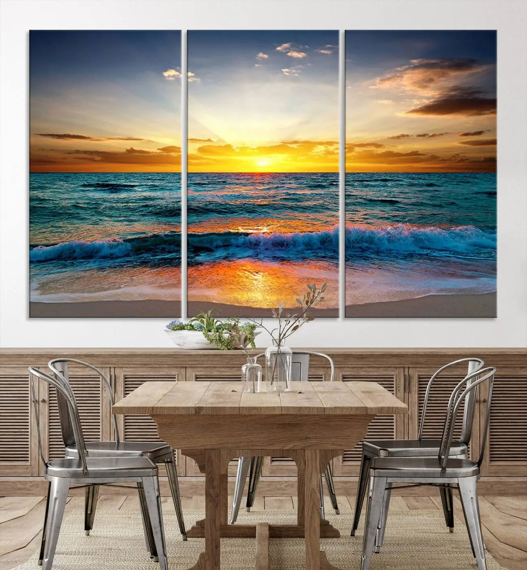 The "Vibrant Ocean Sunrise Over Golden Beach Waves" giclee canvas wall art set showcases a striking coastal sunset on a high-quality stretched canvas that's ready to hang.