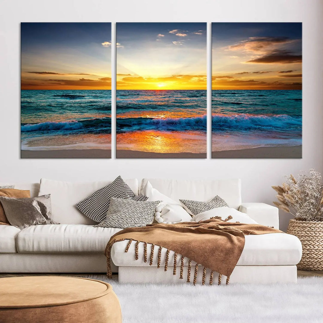 The "Vibrant Ocean Sunrise Over Golden Beach Waves" giclee canvas wall art set showcases a striking coastal sunset on a high-quality stretched canvas that's ready to hang.