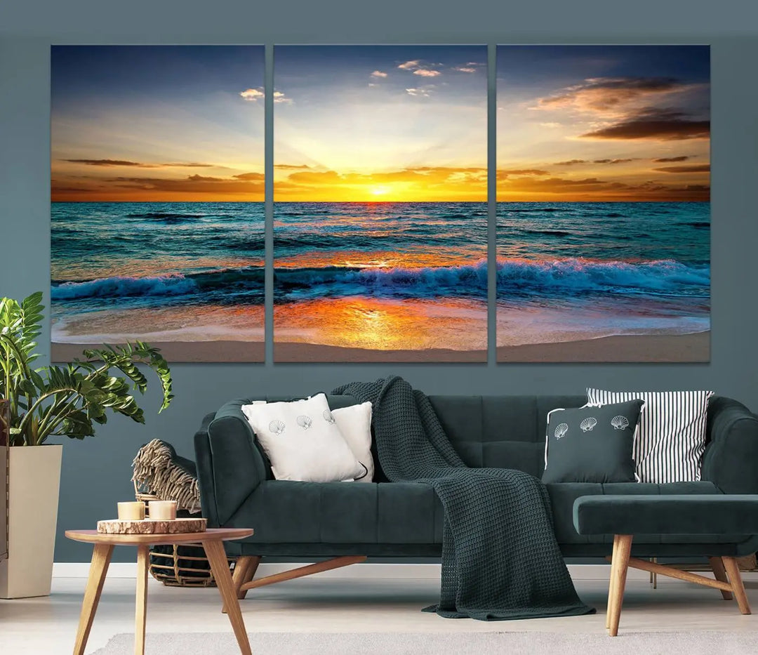 The "Vibrant Ocean Sunrise Over Golden Beach Waves" giclee canvas wall art set showcases a striking coastal sunset on a high-quality stretched canvas that's ready to hang.