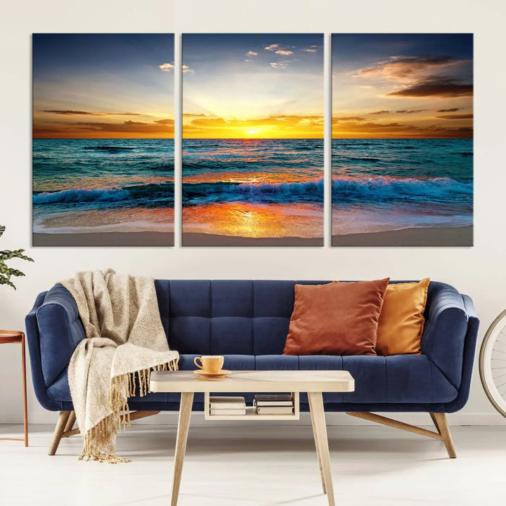 The "Vibrant Ocean Sunrise Over Golden Beach Waves" giclee canvas wall art set showcases a striking coastal sunset on a high-quality stretched canvas that's ready to hang.