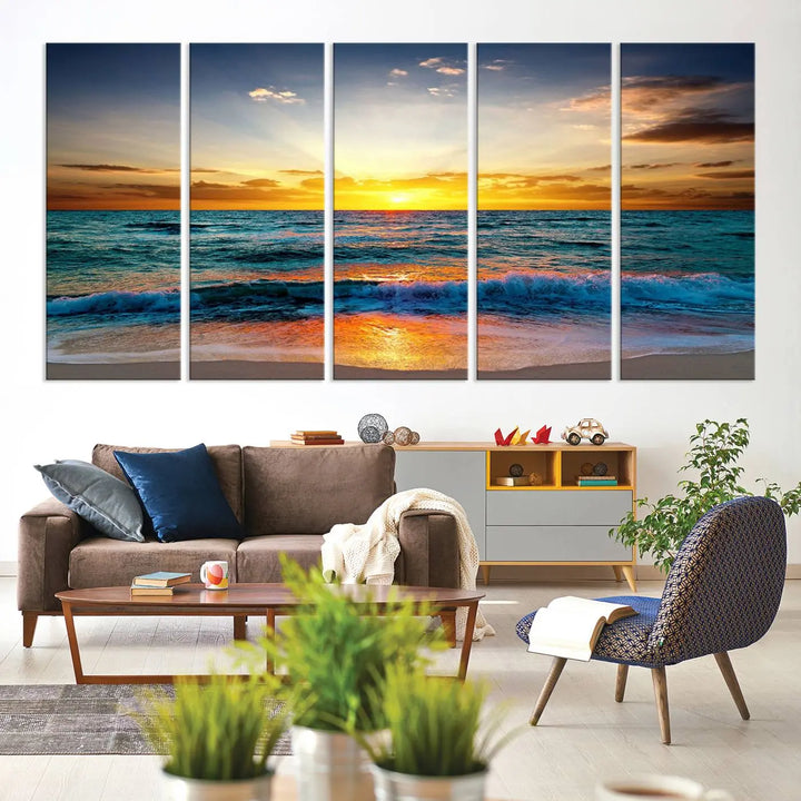 The "Vibrant Ocean Sunrise Over Golden Beach Waves" giclee canvas wall art set showcases a striking coastal sunset on a high-quality stretched canvas that's ready to hang.