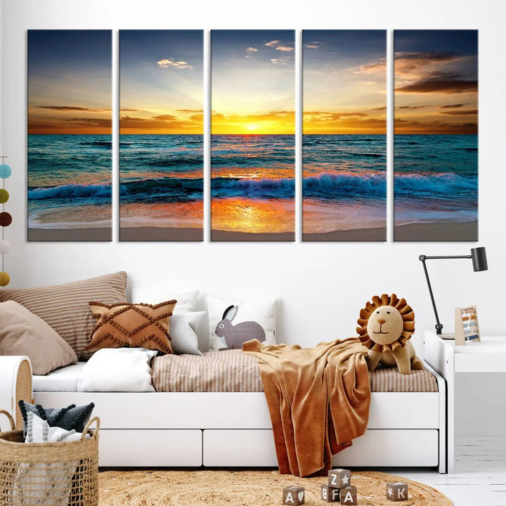 The "Vibrant Ocean Sunrise Over Golden Beach Waves" giclee canvas wall art set showcases a striking coastal sunset on a high-quality stretched canvas that's ready to hang.