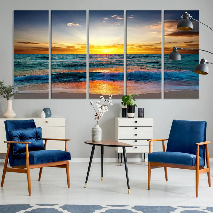 The "Vibrant Ocean Sunrise Over Golden Beach Waves" giclee canvas wall art set showcases a striking coastal sunset on a high-quality stretched canvas that's ready to hang.