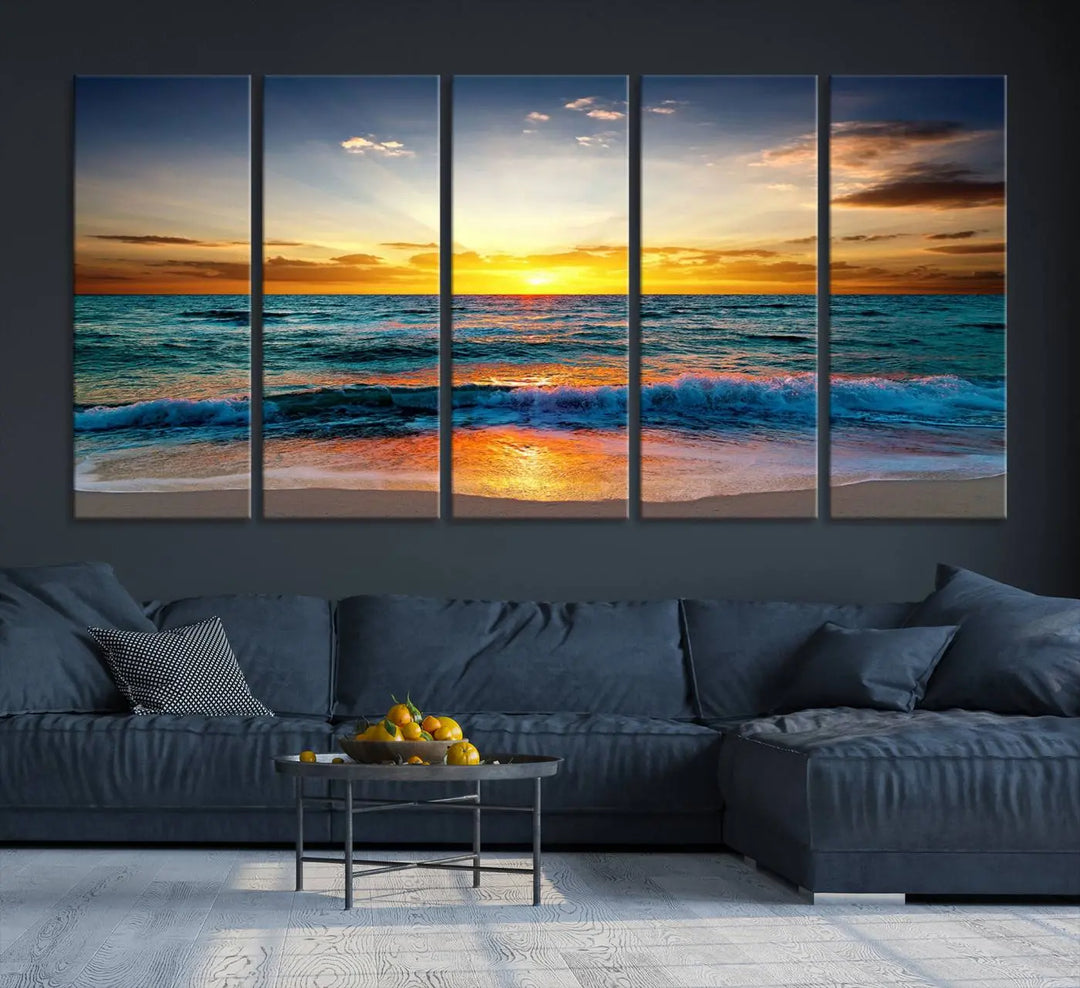 The "Vibrant Ocean Sunrise Over Golden Beach Waves" giclee canvas wall art set showcases a striking coastal sunset on a high-quality stretched canvas that's ready to hang.