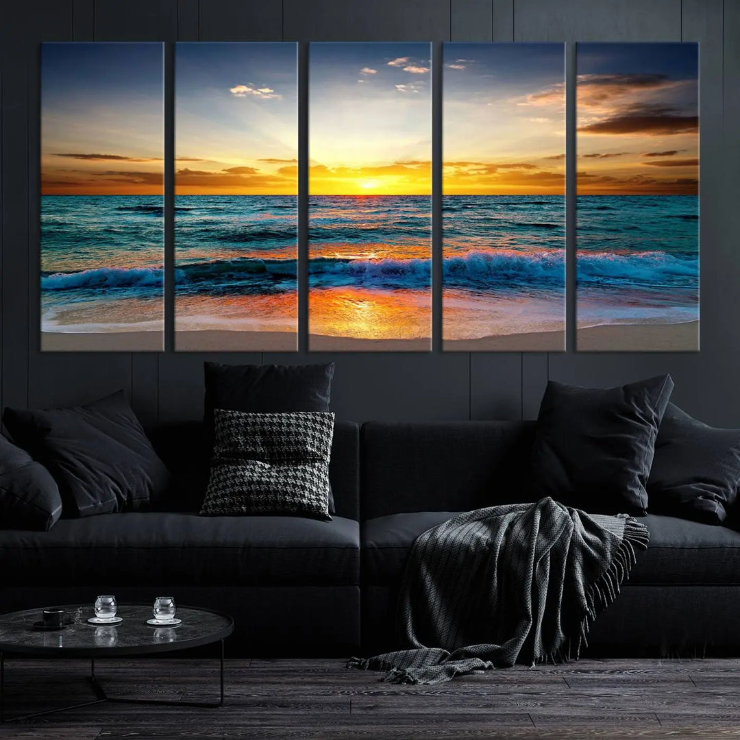 The "Vibrant Ocean Sunrise Over Golden Beach Waves" giclee canvas wall art set showcases a striking coastal sunset on a high-quality stretched canvas that's ready to hang.