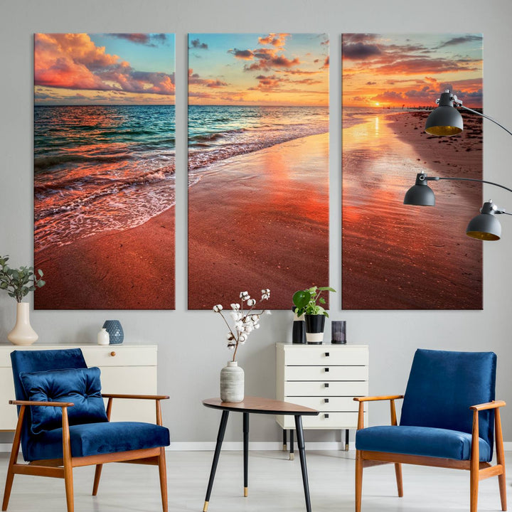 Vibrant Sunset Beach Canvas Print, Ocean Waves and Sandy Shoreline, Tropical Beach Wall Art for Coastal Home Decor