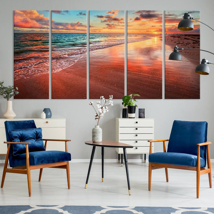 Vibrant Sunset Beach Canvas Print, Ocean Waves and Sandy Shoreline, Tropical Beach Wall Art for Coastal Home Decor
