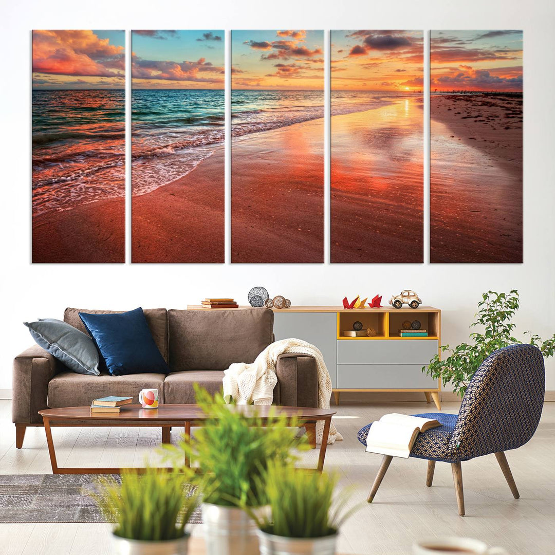 Vibrant Sunset Beach Canvas Print, Ocean Waves and Sandy Shoreline, Tropical Beach Wall Art for Coastal Home Decor