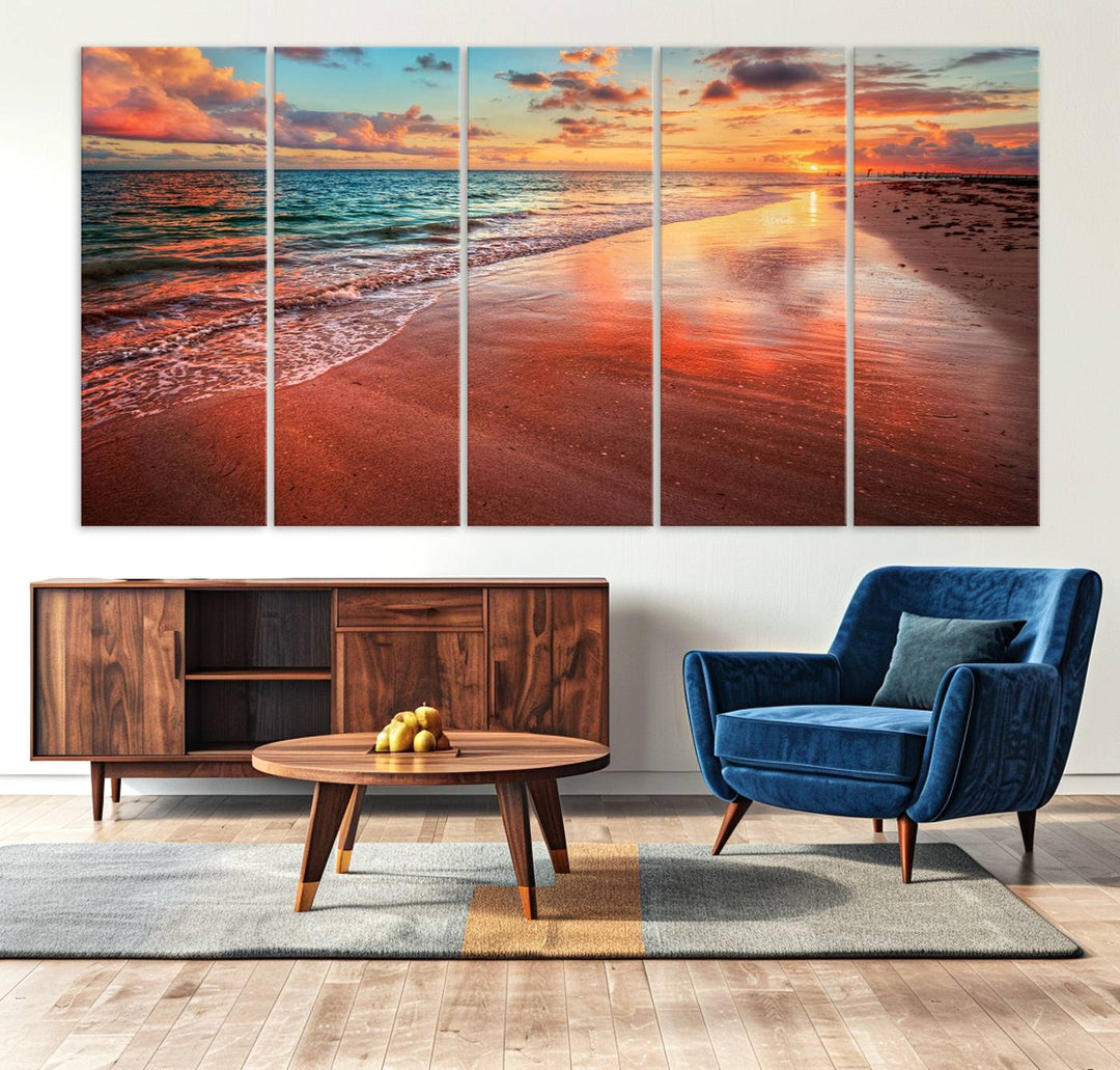 Vibrant Sunset Beach Canvas Print, Ocean Waves and Sandy Shoreline, Tropical Beach Wall Art for Coastal Home Decor