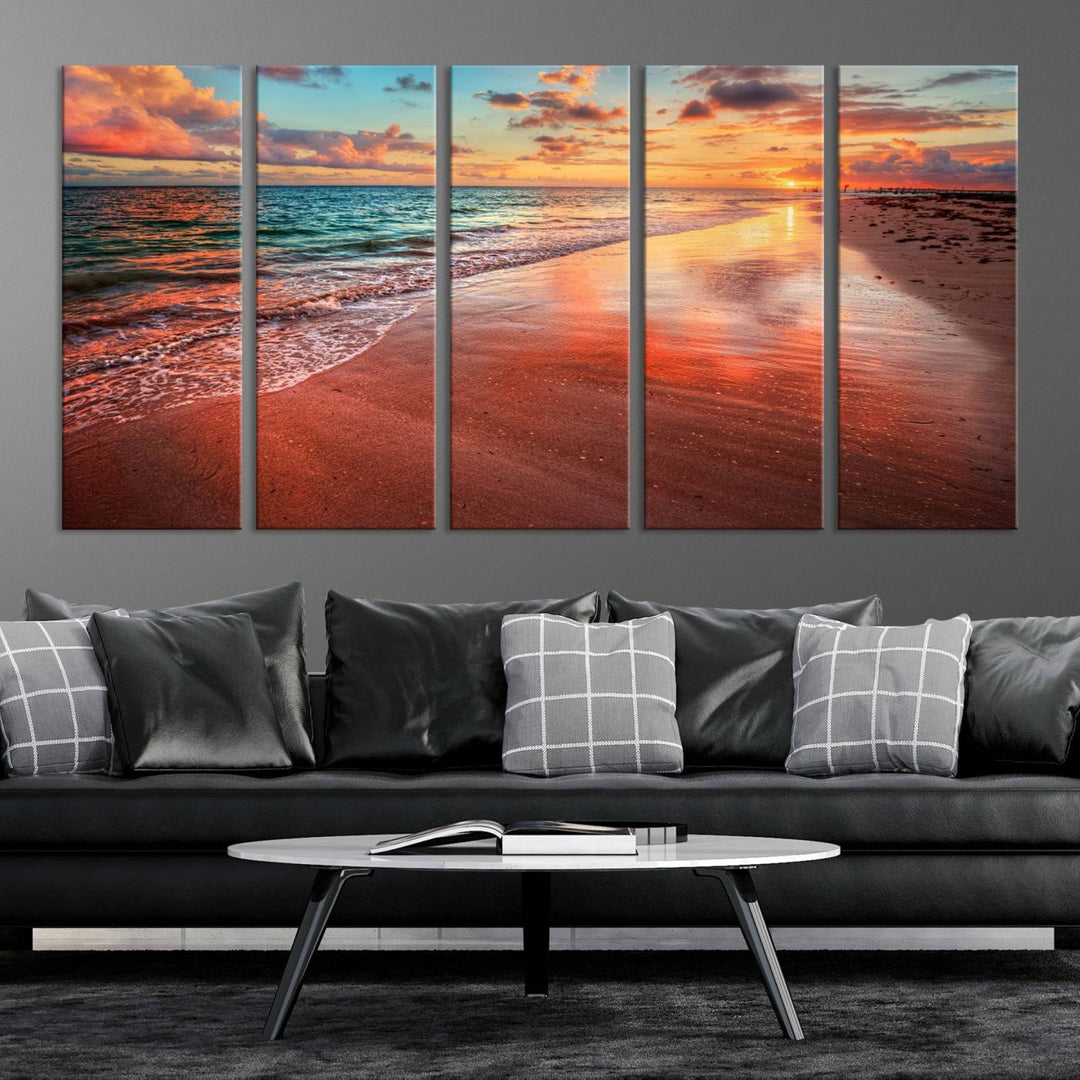 77723-MGV-CV-36X24-Vibrant Sunset Beach Canvas Print, Ocean Waves and Sandy Shoreline, Tropical Beach Wall Art for Coastal Home Decor