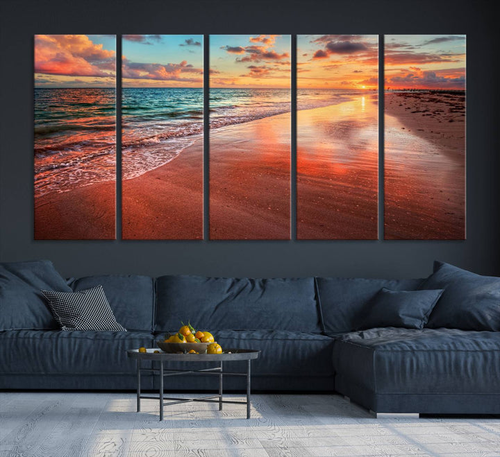 77723-MGV-CV-36X24-Vibrant Sunset Beach Canvas Print, Ocean Waves and Sandy Shoreline, Tropical Beach Wall Art for Coastal Home Decor