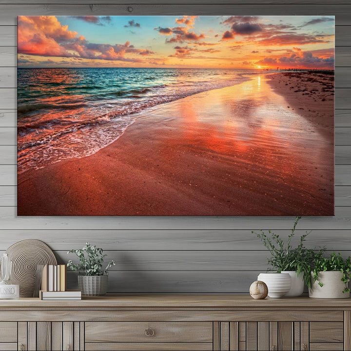 Vibrant Sunset Beach Canvas Print, Ocean Waves and Sandy Shoreline, Tropical Beach Wall Art for Coastal Home Decor