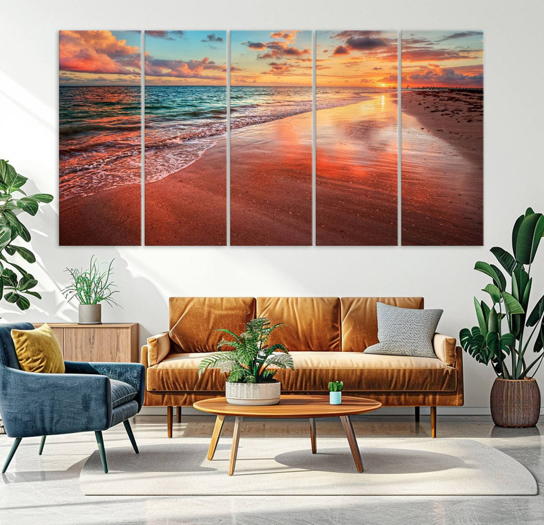 77723-MGV-CV-36X24-Vibrant Sunset Beach Canvas Print, Ocean Waves and Sandy Shoreline, Tropical Beach Wall Art for Coastal Home Decor