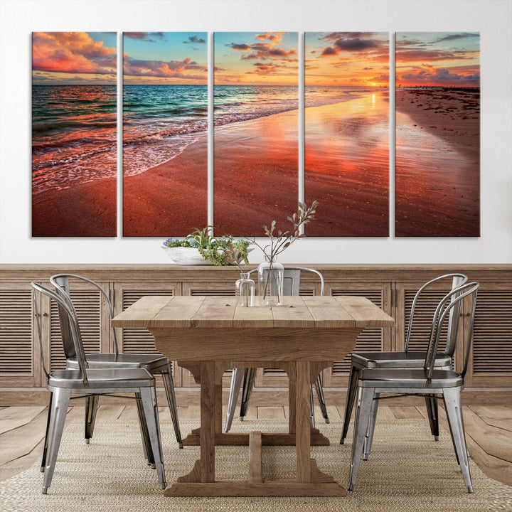 77723-MGV-CV-36X24-Vibrant Sunset Beach Canvas Print, Ocean Waves and Sandy Shoreline, Tropical Beach Wall Art for Coastal Home Decor