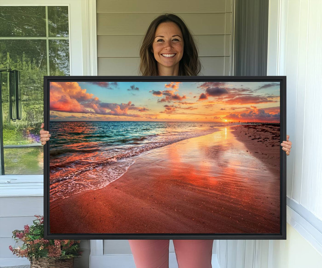 77723-MGV-CV-36X24-Vibrant Sunset Beach Canvas Print, Ocean Waves and Sandy Shoreline, Tropical Beach Wall Art for Coastal Home Decor