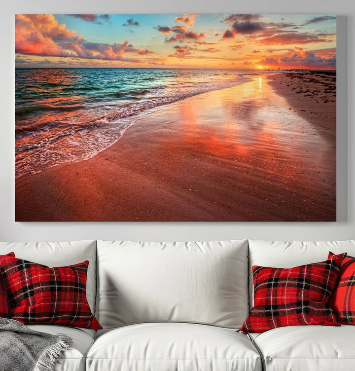 Vibrant Sunset Beach Canvas Print, Ocean Waves and Sandy Shoreline, Tropical Beach Wall Art for Coastal Home Decor