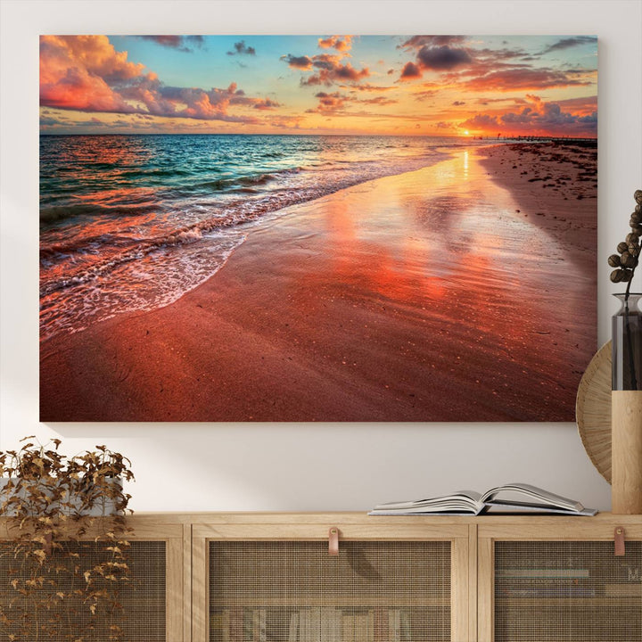 Vibrant Sunset Beach Canvas Print, Ocean Waves and Sandy Shoreline, Tropical Beach Wall Art for Coastal Home Decor