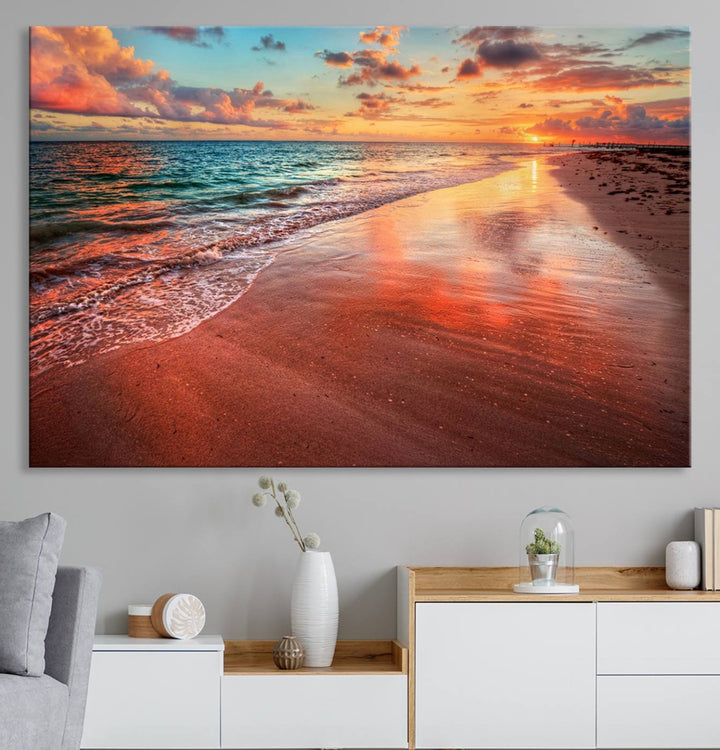 Vibrant Sunset Beach Canvas Print, Ocean Waves and Sandy Shoreline, Tropical Beach Wall Art for Coastal Home Decor