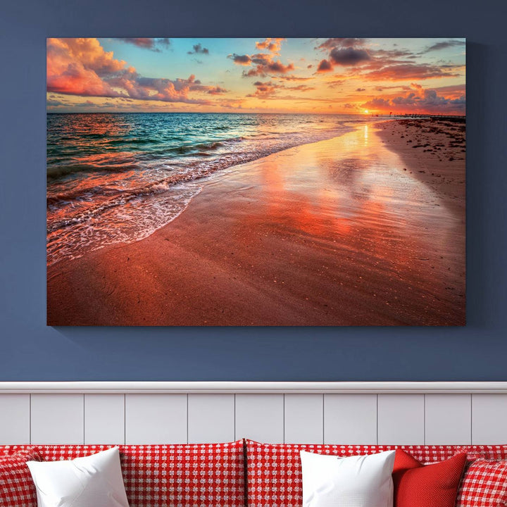 Vibrant Sunset Beach Canvas Print, Ocean Waves and Sandy Shoreline, Tropical Beach Wall Art for Coastal Home Decor