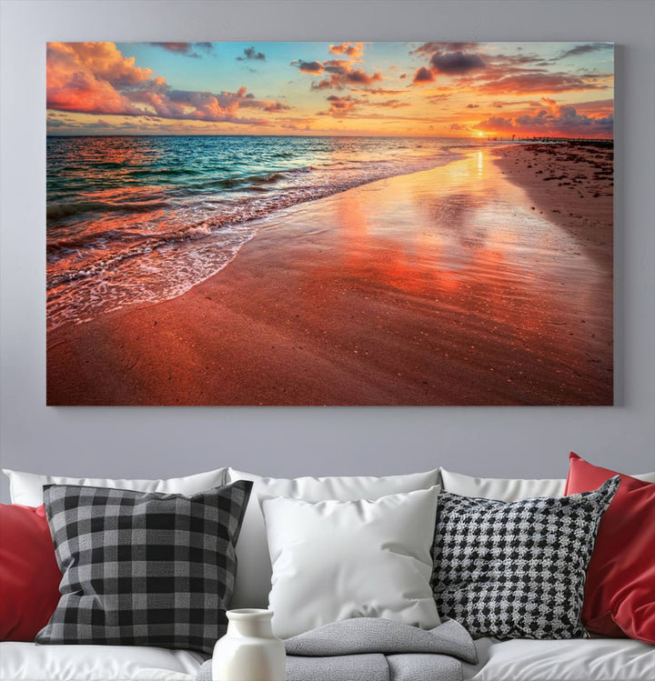 Vibrant Sunset Beach Canvas Print, Ocean Waves and Sandy Shoreline, Tropical Beach Wall Art for Coastal Home Decor