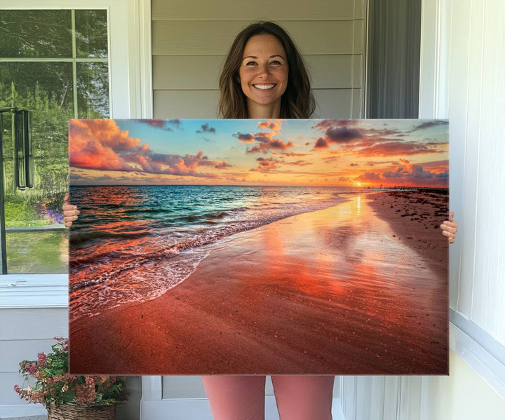 Vibrant Sunset Beach Canvas Print, Ocean Waves and Sandy Shoreline, Tropical Beach Wall Art for Coastal Home Decor