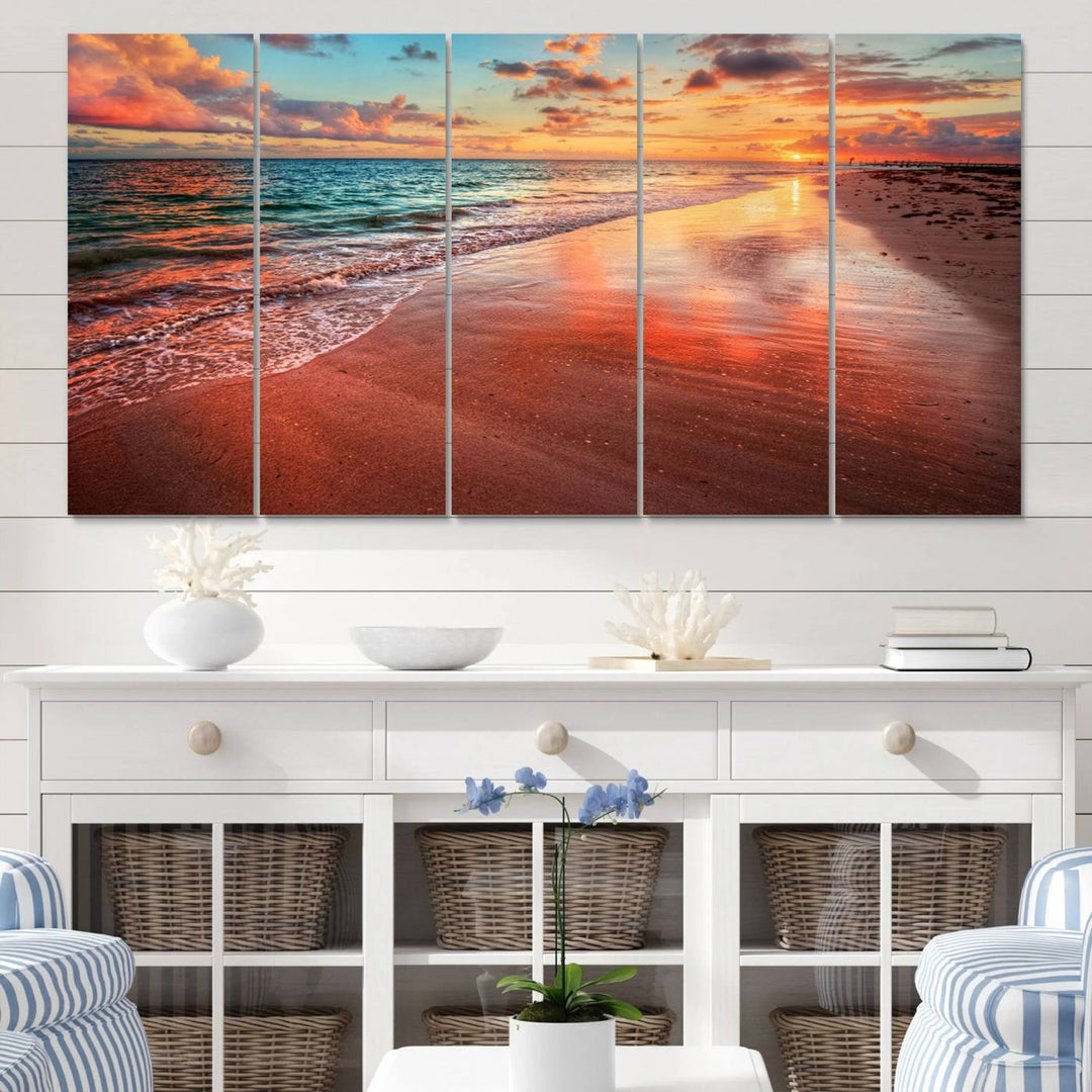 Vibrant Sunset Beach Canvas Print, Ocean Waves and Sandy Shoreline, Tropical Beach Wall Art for Coastal Home Decor