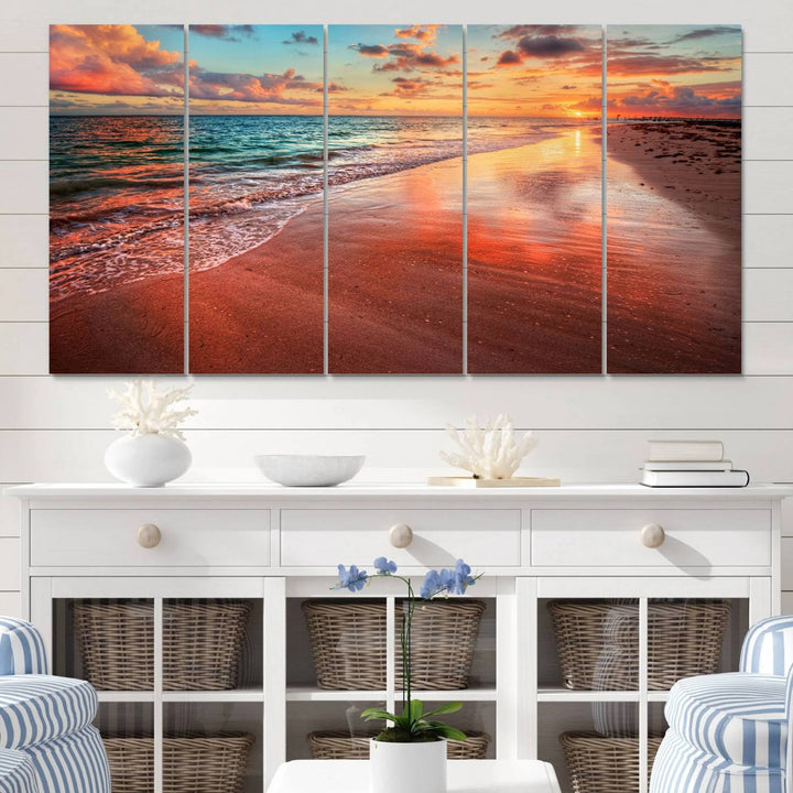 Vibrant Sunset Beach Canvas Print, Ocean Waves and Sandy Shoreline, Tropical Beach Wall Art for Coastal Home Decor