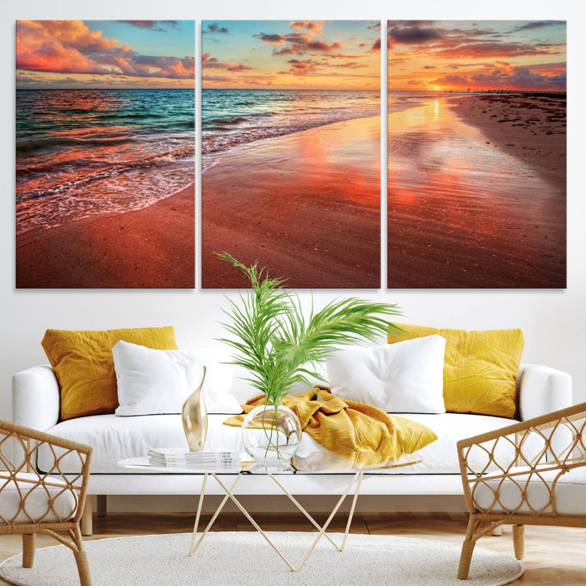 77723-MGV-CV-36X24-Vibrant Sunset Beach Canvas Print, Ocean Waves and Sandy Shoreline, Tropical Beach Wall Art for