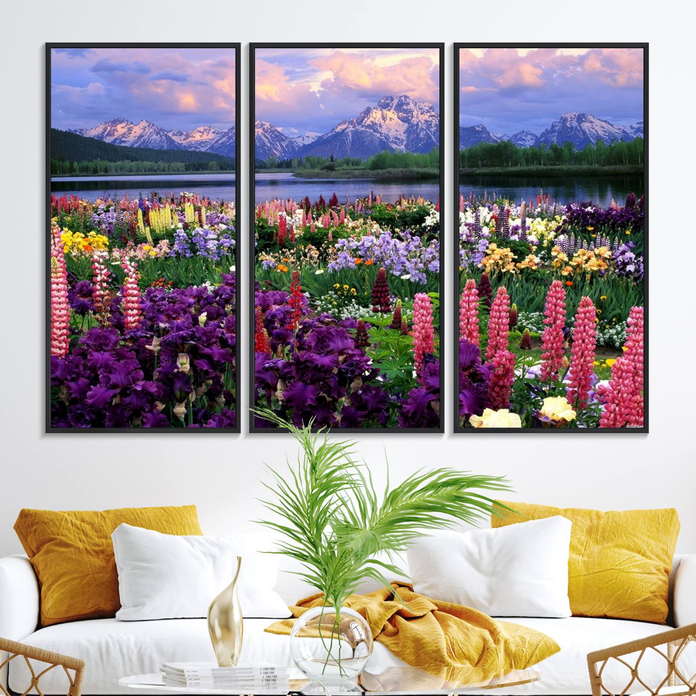 82270-MGV-FC-48X32-3P_Black-Vibrant Wildflower Garden and Mountain View Giclee Canvas Print | Floral Wall Art for Living Room and Nature Lovers