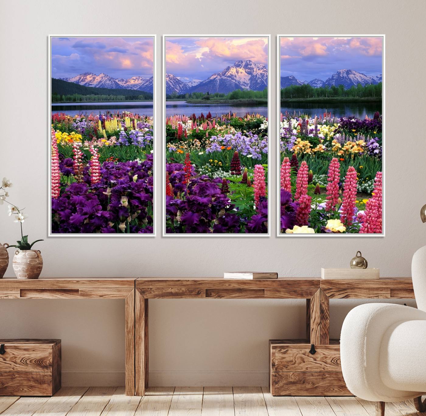 82270-MGV-FC-48X32-3P_White-Vibrant Wildflower Garden and Mountain View Giclee Canvas Print | Floral Wall Art for Living Room and Nature Lovers