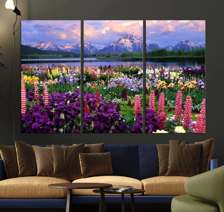 The living room features the "Vibrant Wildflower Garden and Mountain View Giclee Canvas Print," a floral wall art piece showcasing mountains and flowers.