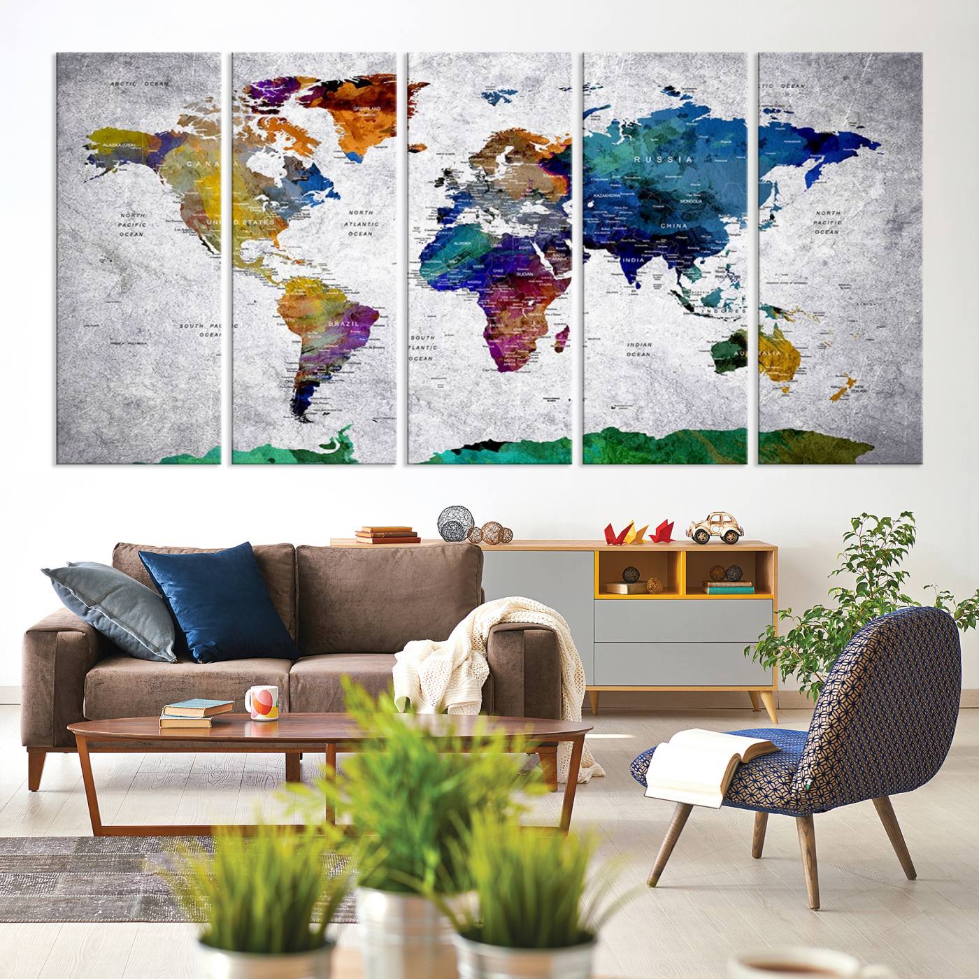 26840-MGV-CV-60X31-5P-Vibrant World Map Canvas Wall Art Print | Large Giclee Print for Living Room, Office, Bedroom | Modern Global Decor with Colorful Earth