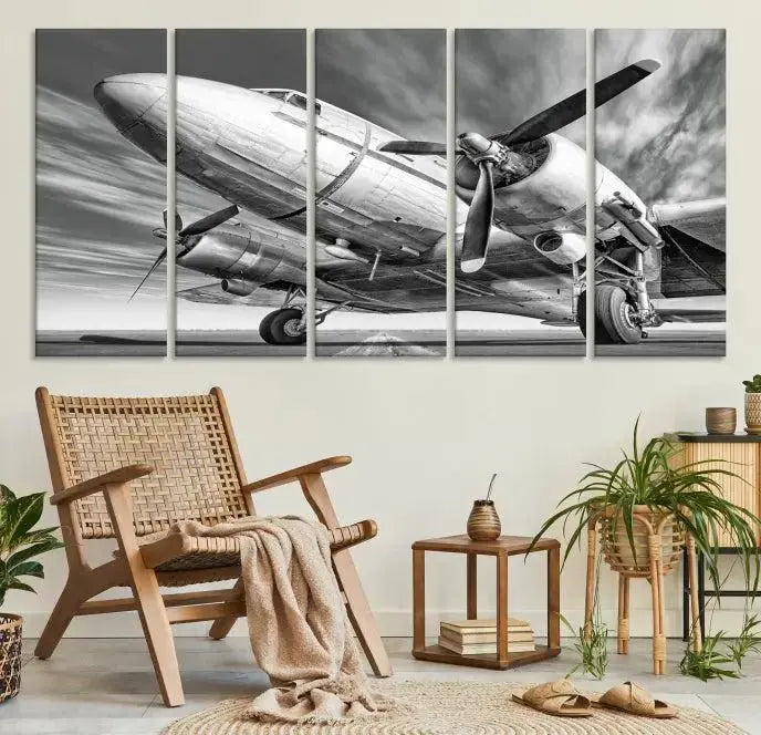 The Vintage Airplane on a Runway Canvas Print is elegantly showcased as a black and white triptych. Each panel is crafted on museum-quality canvases with a UV-protective coating for lasting beauty and durability. This timeless artwork comes with the convenience of free shipping.