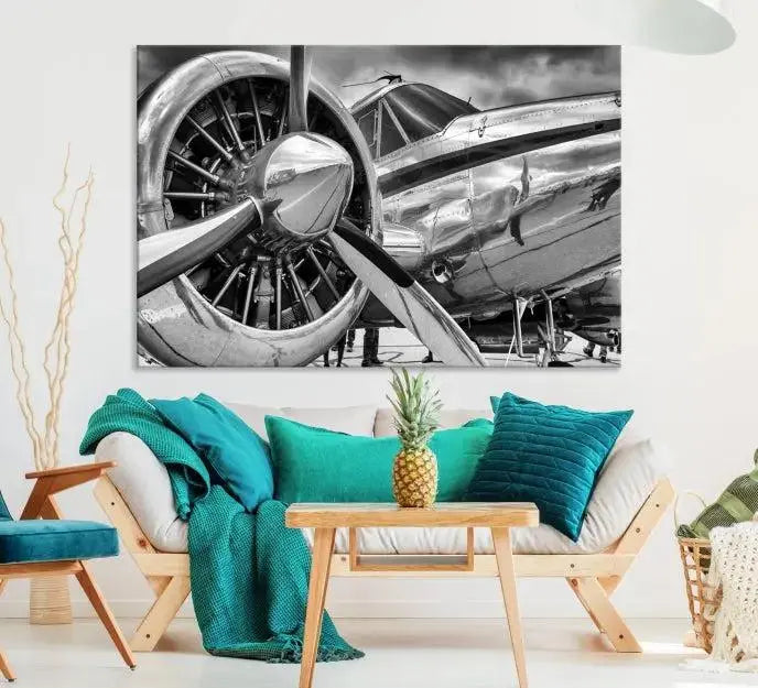 The Vintage Antique Airplane Wall Art Canvas Print, a black-and-white triptych of a propeller plane, exemplifies professional craftsmanship and adds an elegant touch to any space. This museum-quality canvas is an impressive display of artistic skill.